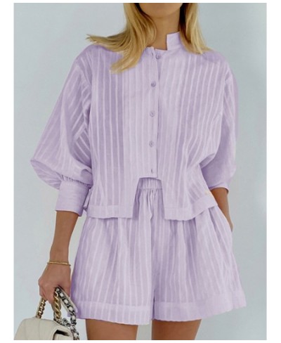 Casual Elegant Purple Buttons Shirts Suits 2023 Summer Two-piece Set For Women Office Lady Elastic Waist Loose Shorts Sets $5...