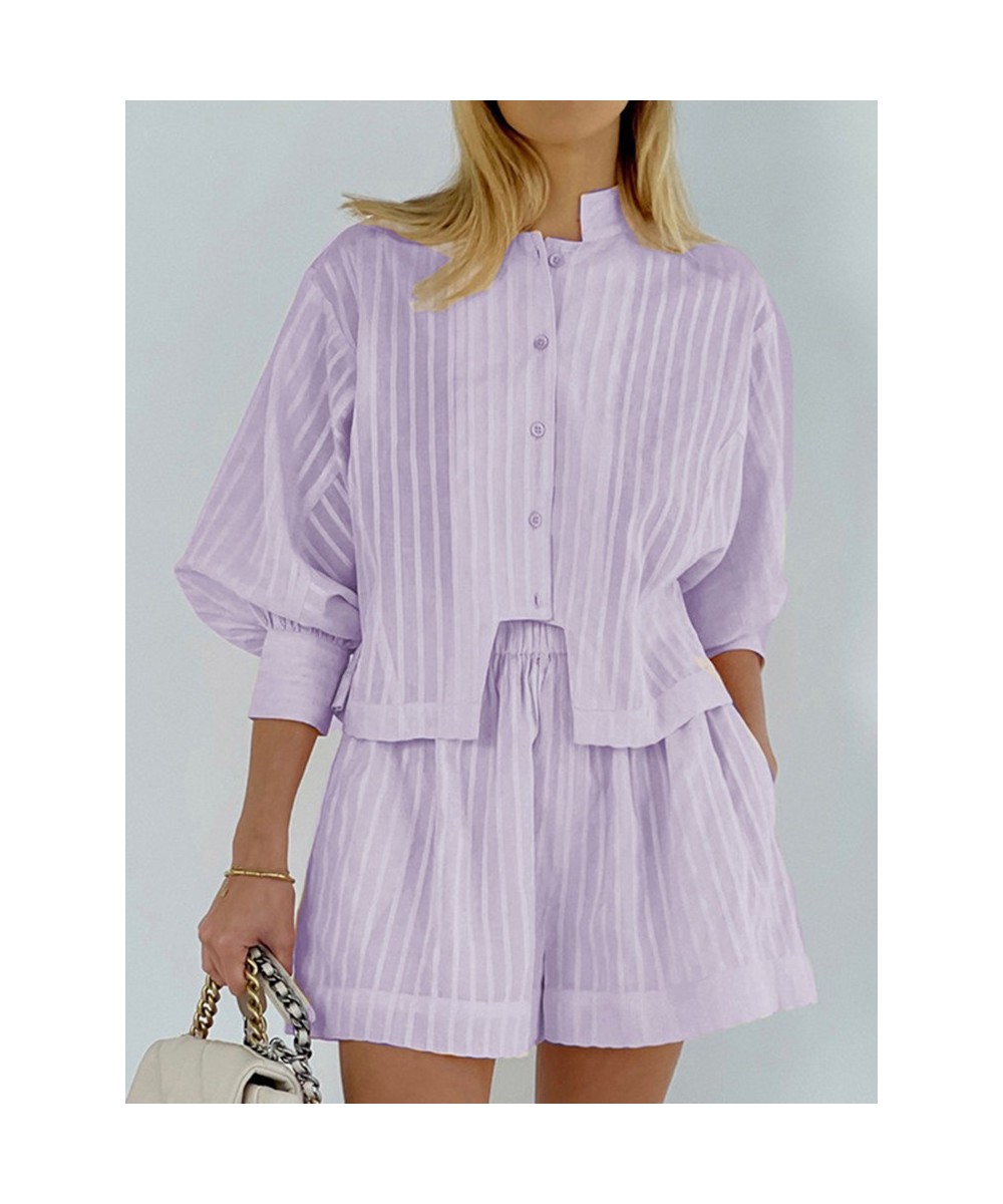 Casual Elegant Purple Buttons Shirts Suits 2023 Summer Two-piece Set For Women Office Lady Elastic Waist Loose Shorts Sets $5...