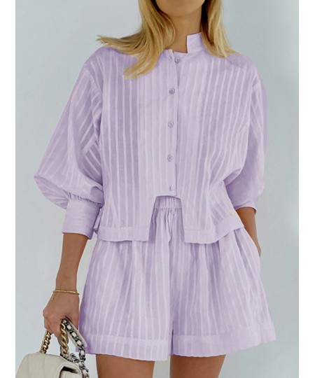 Casual Elegant Purple Buttons Shirts Suits 2023 Summer Two-piece Set For Women Office Lady Elastic Waist Loose Shorts Sets $5...