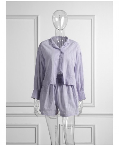 Casual Elegant Purple Buttons Shirts Suits 2023 Summer Two-piece Set For Women Office Lady Elastic Waist Loose Shorts Sets $5...