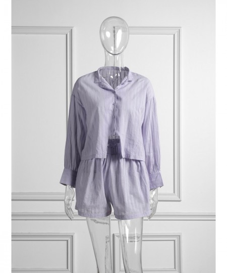 Casual Elegant Purple Buttons Shirts Suits 2023 Summer Two-piece Set For Women Office Lady Elastic Waist Loose Shorts Sets $5...