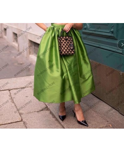 Elegant Army Green Satin Women Summer Skirts Ankle Length Puffy Draped Female Party Night Skirt Custom Made High Quality Wear...