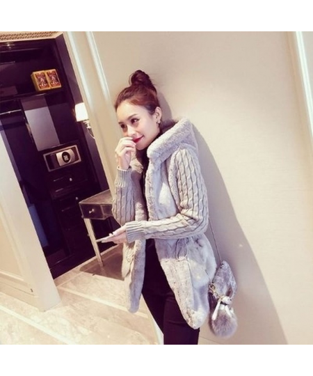 Women's warm plush stitching knitted long-sleeved hooded jacket $41.56 - Jackets & Coats