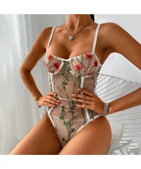 Women Sexy Slim Fit Bodysuit Lingerie Lace Embroidery Underwear Nightwear Leotard Sleeveless Bodycon Jumpsuit Summer Sleepwea...