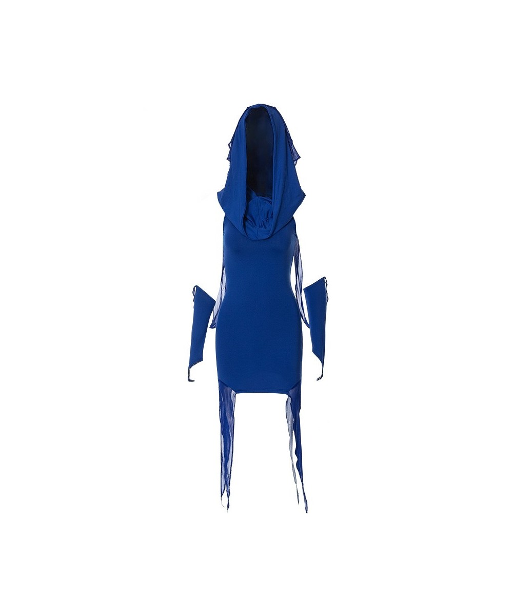 Y2k Grunge Blue Asymmetrical Dresses for Women Hooded Bodycon Mini Dress with Arm Sleeves Streetwear P71-EZ35 $39.86 - Dresses