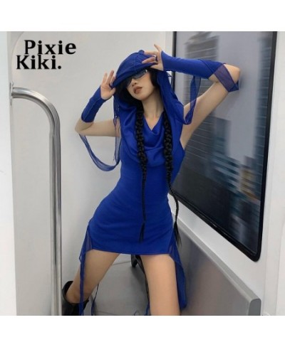 Y2k Grunge Blue Asymmetrical Dresses for Women Hooded Bodycon Mini Dress with Arm Sleeves Streetwear P71-EZ35 $39.86 - Dresses