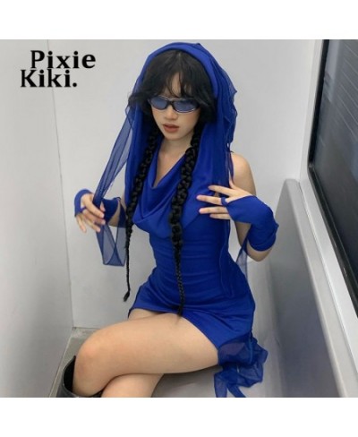 Y2k Grunge Blue Asymmetrical Dresses for Women Hooded Bodycon Mini Dress with Arm Sleeves Streetwear P71-EZ35 $39.86 - Dresses