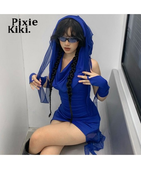 Y2k Grunge Blue Asymmetrical Dresses for Women Hooded Bodycon Mini Dress with Arm Sleeves Streetwear P71-EZ35 $39.86 - Dresses