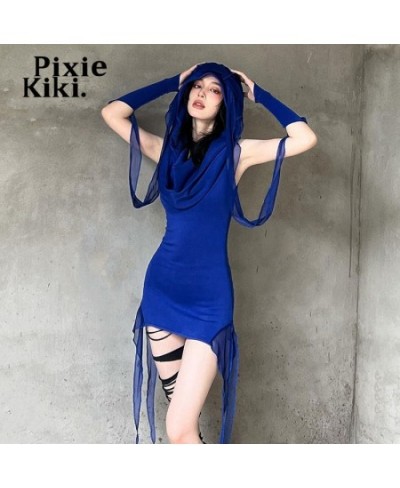 Y2k Grunge Blue Asymmetrical Dresses for Women Hooded Bodycon Mini Dress with Arm Sleeves Streetwear P71-EZ35 $39.86 - Dresses