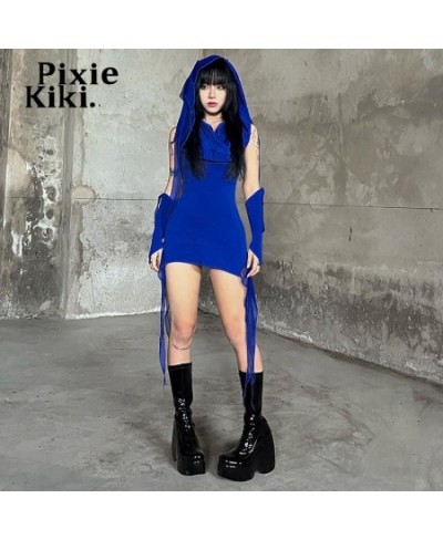 Y2k Grunge Blue Asymmetrical Dresses for Women Hooded Bodycon Mini Dress with Arm Sleeves Streetwear P71-EZ35 $39.86 - Dresses