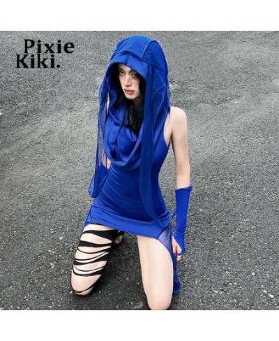 Y2k Grunge Blue Asymmetrical Dresses for Women Hooded Bodycon Mini Dress with Arm Sleeves Streetwear P71-EZ35 $39.86 - Dresses