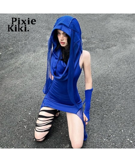 Y2k Grunge Blue Asymmetrical Dresses for Women Hooded Bodycon Mini Dress with Arm Sleeves Streetwear P71-EZ35 $39.86 - Dresses