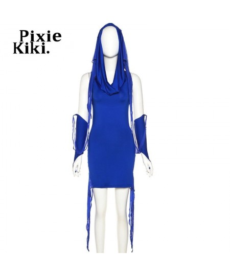 Y2k Grunge Blue Asymmetrical Dresses for Women Hooded Bodycon Mini Dress with Arm Sleeves Streetwear P71-EZ35 $39.86 - Dresses