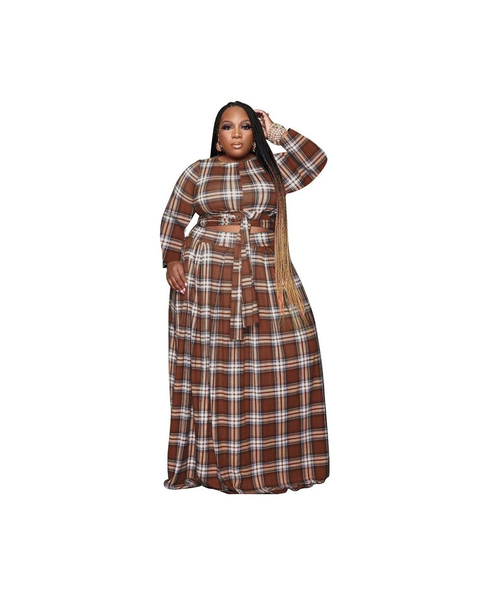 4XL 5XL Plus Size 2 Piece Set Women Plaid Long Sleeve Crop Top & Long Skirt Suit Two Piece Set Matching Sets 2Pcs Outfits 202...