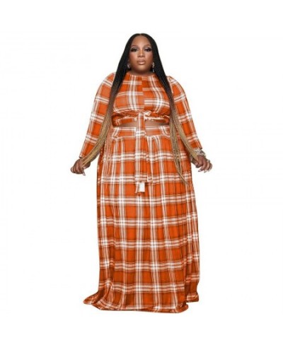 4XL 5XL Plus Size 2 Piece Set Women Plaid Long Sleeve Crop Top & Long Skirt Suit Two Piece Set Matching Sets 2Pcs Outfits 202...