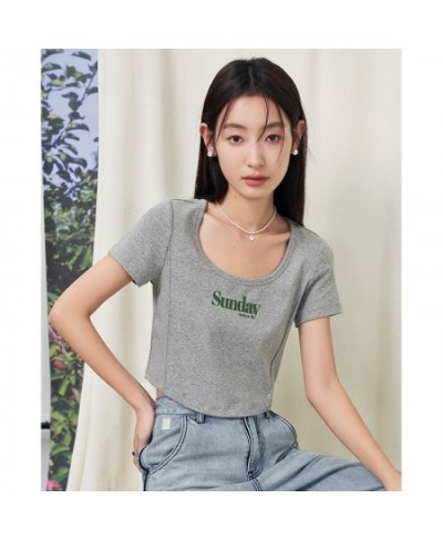 Women T-shirt 2023 Summer Short Sleeve U Neck Slim Fit Tees Y2K Fashion Sexy Chic Short Letter Print Gray Coffee Tops $30.33 ...