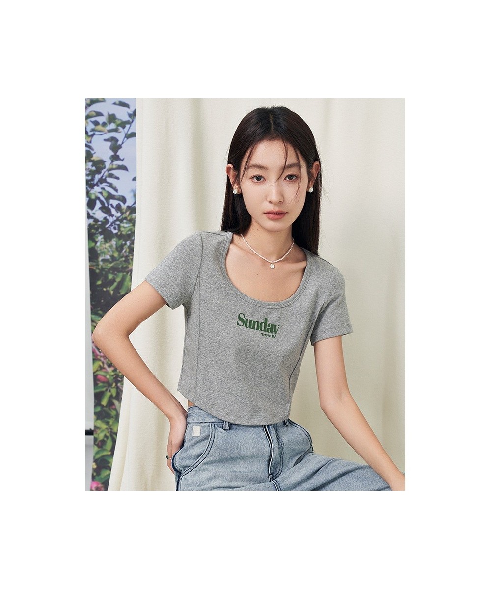 Women T-shirt 2023 Summer Short Sleeve U Neck Slim Fit Tees Y2K Fashion Sexy Chic Short Letter Print Gray Coffee Tops $30.33 ...