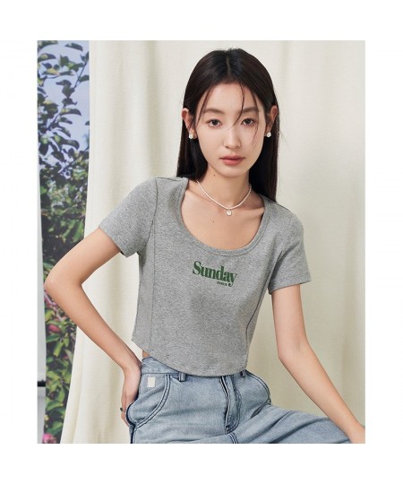 Women T-shirt 2023 Summer Short Sleeve U Neck Slim Fit Tees Y2K Fashion Sexy Chic Short Letter Print Gray Coffee Tops $30.33 ...