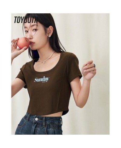 Women T-shirt 2023 Summer Short Sleeve U Neck Slim Fit Tees Y2K Fashion Sexy Chic Short Letter Print Gray Coffee Tops $30.33 ...