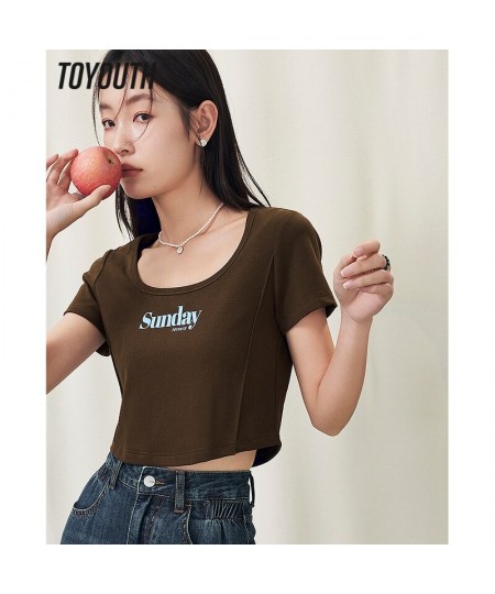 Women T-shirt 2023 Summer Short Sleeve U Neck Slim Fit Tees Y2K Fashion Sexy Chic Short Letter Print Gray Coffee Tops $30.33 ...