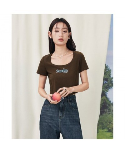 Women T-shirt 2023 Summer Short Sleeve U Neck Slim Fit Tees Y2K Fashion Sexy Chic Short Letter Print Gray Coffee Tops $30.33 ...