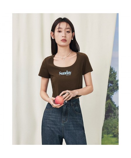 Women T-shirt 2023 Summer Short Sleeve U Neck Slim Fit Tees Y2K Fashion Sexy Chic Short Letter Print Gray Coffee Tops $30.33 ...