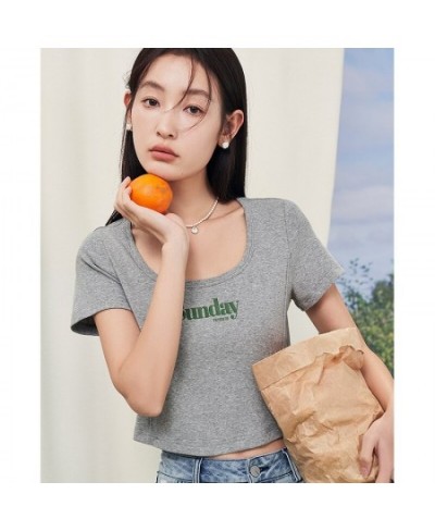 Women T-shirt 2023 Summer Short Sleeve U Neck Slim Fit Tees Y2K Fashion Sexy Chic Short Letter Print Gray Coffee Tops $30.33 ...