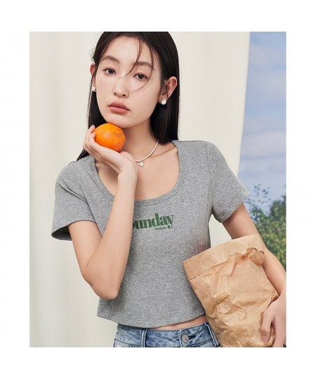 Women T-shirt 2023 Summer Short Sleeve U Neck Slim Fit Tees Y2K Fashion Sexy Chic Short Letter Print Gray Coffee Tops $30.33 ...