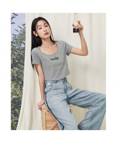 Women T-shirt 2023 Summer Short Sleeve U Neck Slim Fit Tees Y2K Fashion Sexy Chic Short Letter Print Gray Coffee Tops $30.33 ...