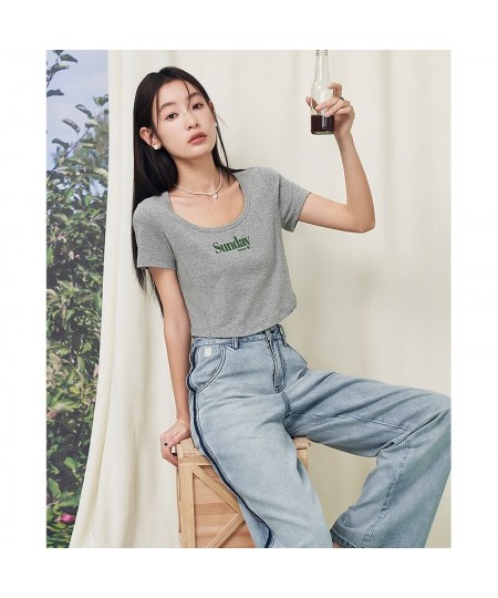 Women T-shirt 2023 Summer Short Sleeve U Neck Slim Fit Tees Y2K Fashion Sexy Chic Short Letter Print Gray Coffee Tops $30.33 ...