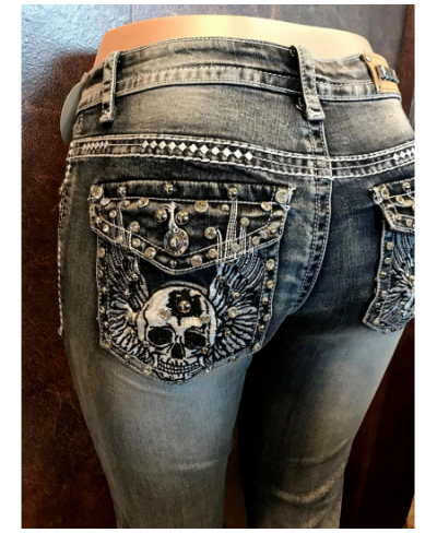 Skull embroidered beaded elastic sexy high-waist straight-leg pants female Y2K trend fashion punk slim black jeans female $60...