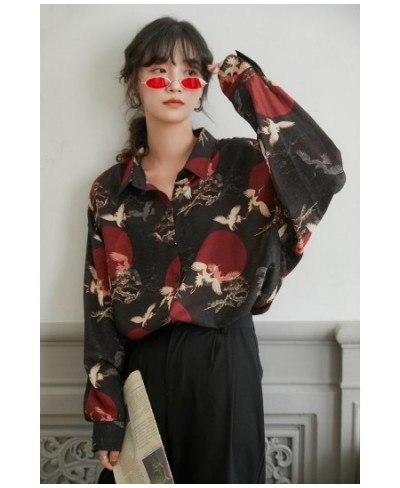 Animal Print Shirts for Women Loose Long Sleeve Button Up Black Shirt Japanese Streetwear 2023 Fashion Women Vintage Tops $47...