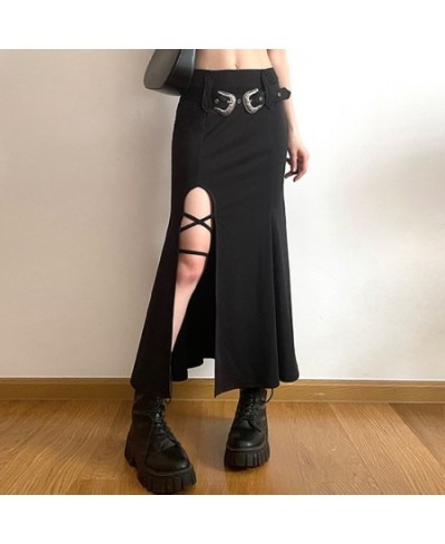 Y2K Gothic Split Trumpet Long Skirt Basic Streetwear Grunge Belt Outfits Fashion Ruched Knitted Black Women Skirts $43.14 - S...