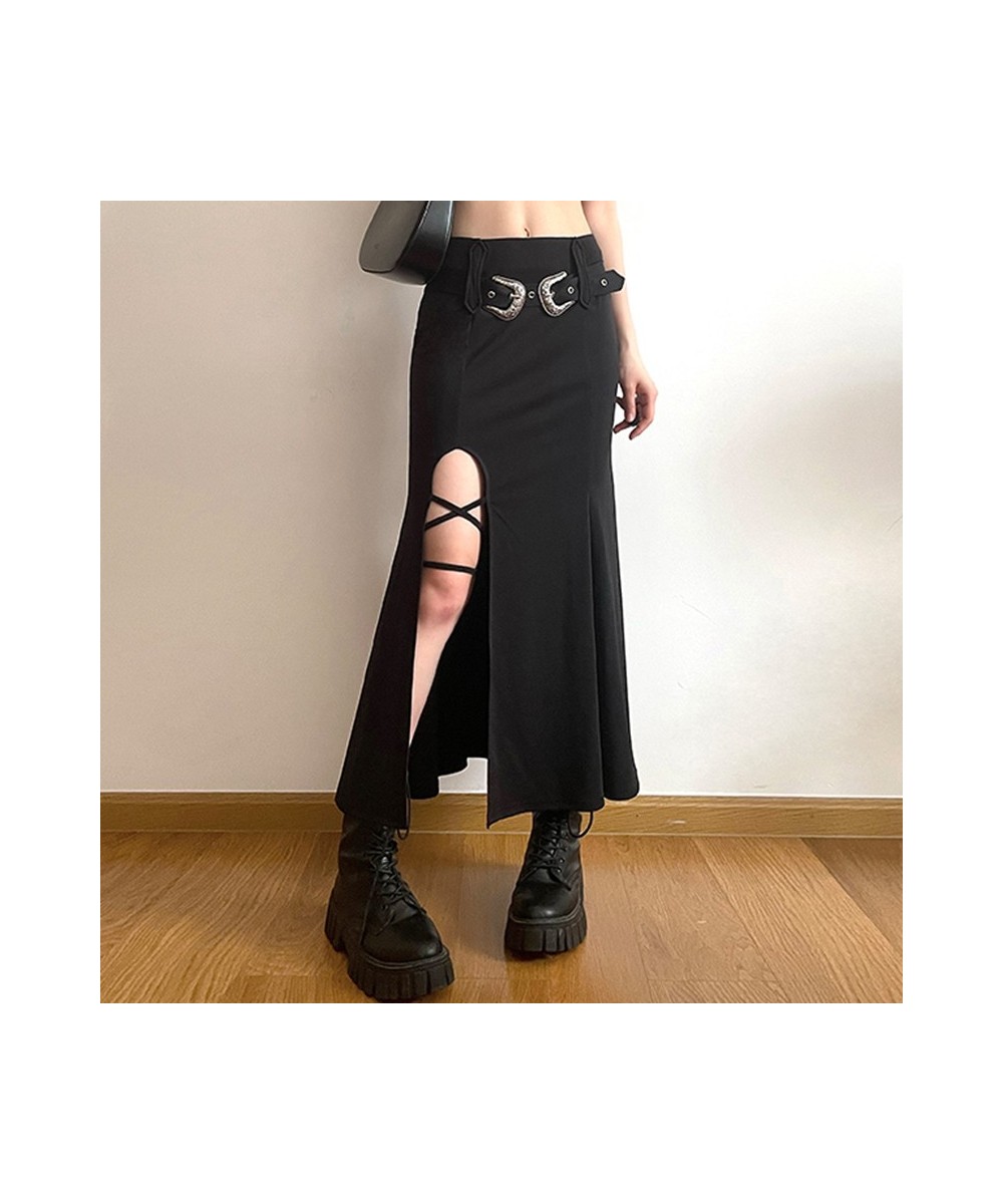 Y2K Gothic Split Trumpet Long Skirt Basic Streetwear Grunge Belt Outfits Fashion Ruched Knitted Black Women Skirts $43.14 - S...