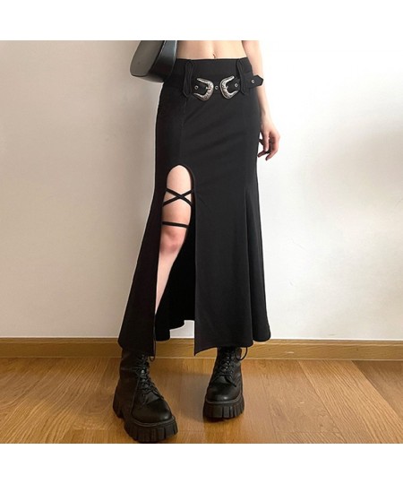 Y2K Gothic Split Trumpet Long Skirt Basic Streetwear Grunge Belt Outfits Fashion Ruched Knitted Black Women Skirts $43.14 - S...