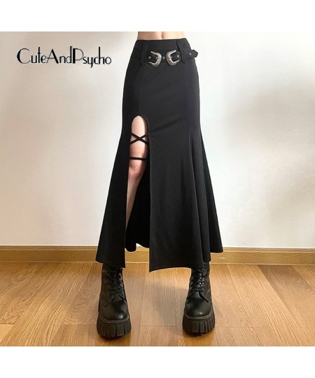 Y2K Gothic Split Trumpet Long Skirt Basic Streetwear Grunge Belt Outfits Fashion Ruched Knitted Black Women Skirts $43.14 - S...