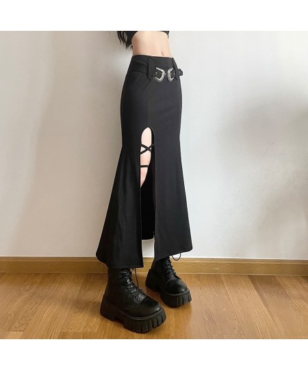 Y2K Gothic Split Trumpet Long Skirt Basic Streetwear Grunge Belt Outfits Fashion Ruched Knitted Black Women Skirts $43.14 - S...