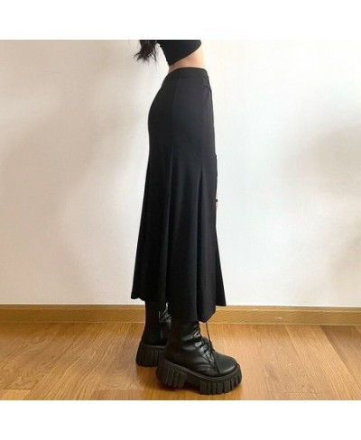 Y2K Gothic Split Trumpet Long Skirt Basic Streetwear Grunge Belt Outfits Fashion Ruched Knitted Black Women Skirts $43.14 - S...