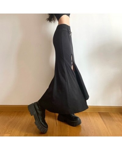 Y2K Gothic Split Trumpet Long Skirt Basic Streetwear Grunge Belt Outfits Fashion Ruched Knitted Black Women Skirts $43.14 - S...