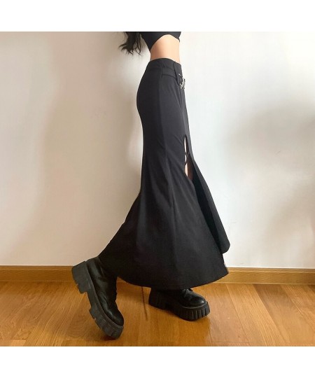 Y2K Gothic Split Trumpet Long Skirt Basic Streetwear Grunge Belt Outfits Fashion Ruched Knitted Black Women Skirts $43.14 - S...