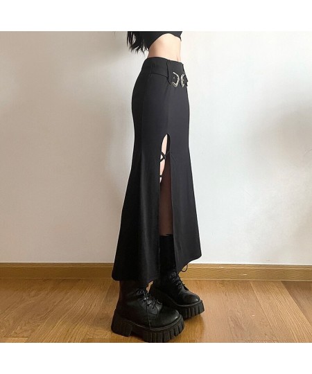 Y2K Gothic Split Trumpet Long Skirt Basic Streetwear Grunge Belt Outfits Fashion Ruched Knitted Black Women Skirts $43.14 - S...