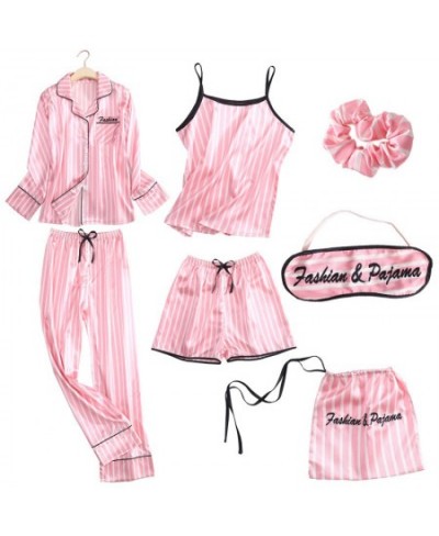 Pajamas Women 7 Pieces Sleepwear Set Faux Silk Pink Solid Women's Home Clothes Autumn Summer Homewear Lingerie Sleep Tops $57...