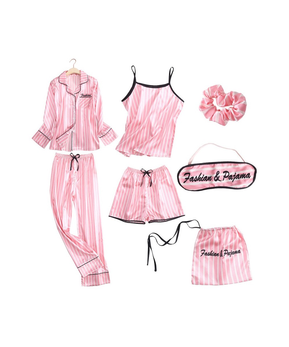 Pajamas Women 7 Pieces Sleepwear Set Faux Silk Pink Solid Women's Home Clothes Autumn Summer Homewear Lingerie Sleep Tops $57...