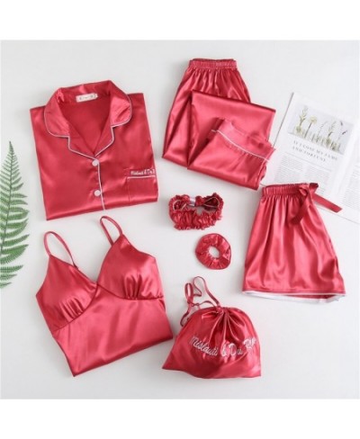 Pajamas Women 7 Pieces Sleepwear Set Faux Silk Pink Solid Women's Home Clothes Autumn Summer Homewear Lingerie Sleep Tops $57...