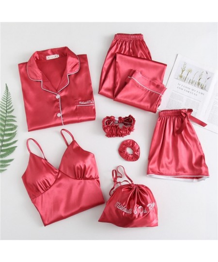 Pajamas Women 7 Pieces Sleepwear Set Faux Silk Pink Solid Women's Home Clothes Autumn Summer Homewear Lingerie Sleep Tops $57...