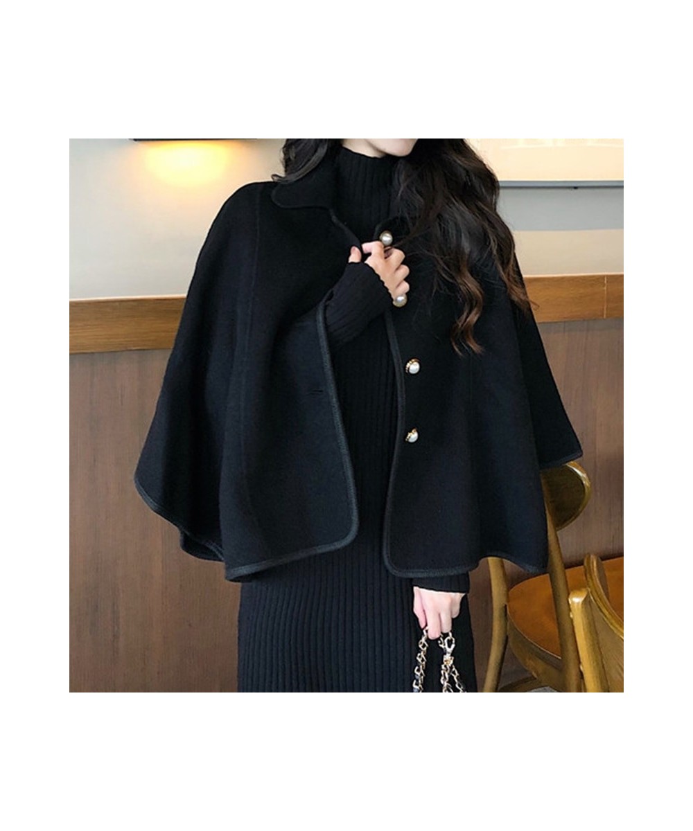 Womens Poncho Cape Coat Pearl Button Single-Breasted Collared Short Cape Autumn Winter Trends $66.52 - Jackets & Coats