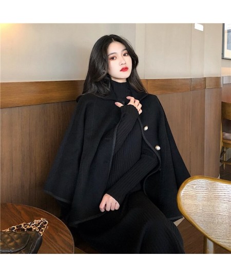 Womens Poncho Cape Coat Pearl Button Single-Breasted Collared Short Cape Autumn Winter Trends $66.52 - Jackets & Coats