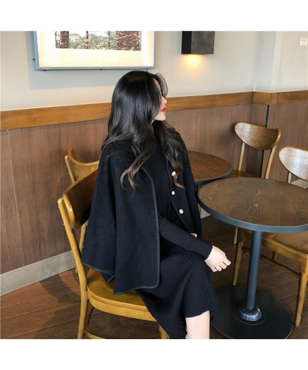 Womens Poncho Cape Coat Pearl Button Single-Breasted Collared Short Cape Autumn Winter Trends $66.52 - Jackets & Coats