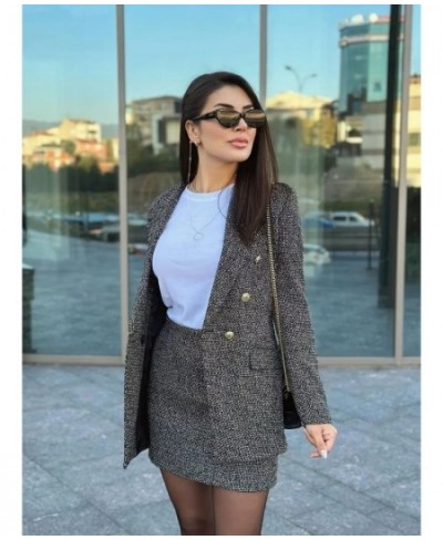 Spring and Autumn Women's Black Textured Plaid Double-breasted Blazer High-waisted Half-body Skirt Suit Commuter Style $68.37...