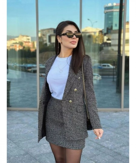 Spring and Autumn Women's Black Textured Plaid Double-breasted Blazer High-waisted Half-body Skirt Suit Commuter Style $68.37...